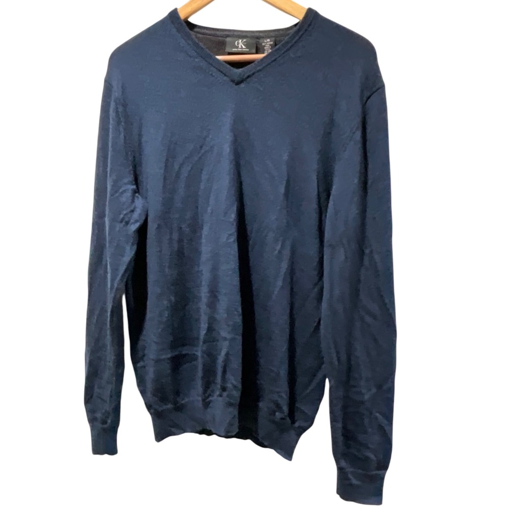 Calvin Klein Mens Extra Fine Merino‎ Wool V Neck Sweater Large Blue